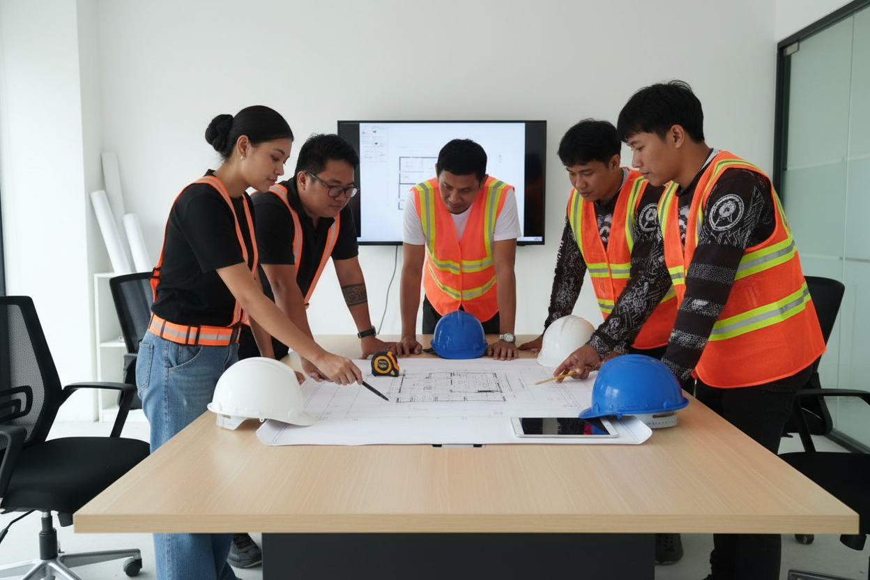 Topnext Construction team reviewing plans on site